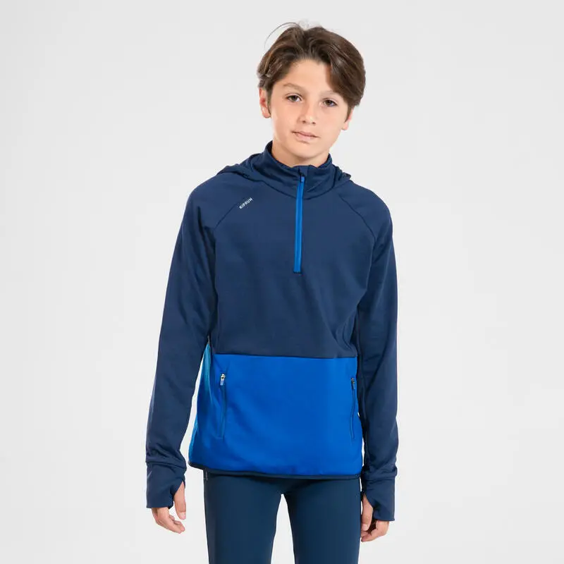 KIPRUN Camiseta Atletismo Manga Larga 1/2 Cremallera Niños AT 500 Azul Indígo